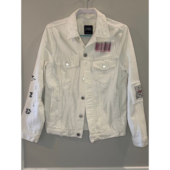 ZARA Man White Denim Jacket Sz S Barcode Abstract Art Print Graphic Streetwear - Picture 1 of 9